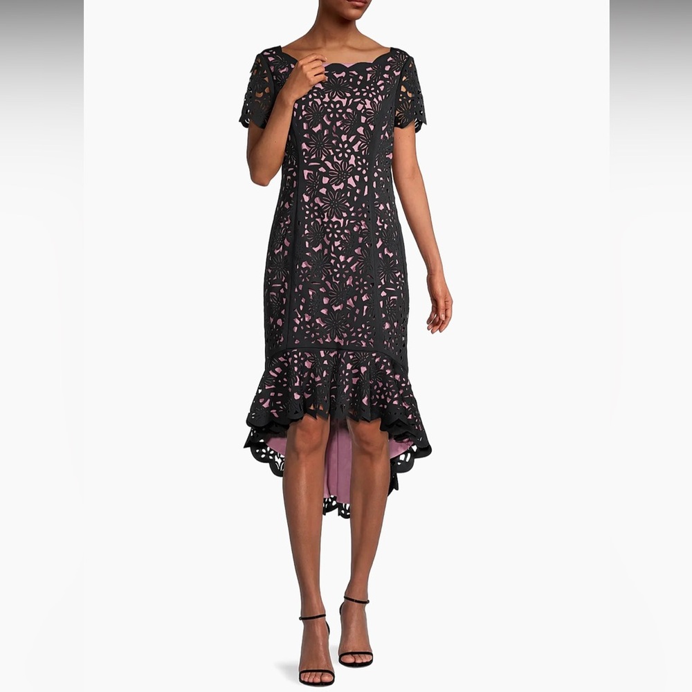 SHANI Black Pink Laser Cut Floral High-Low Crepe Cocktail Dress US 10 / UK 14